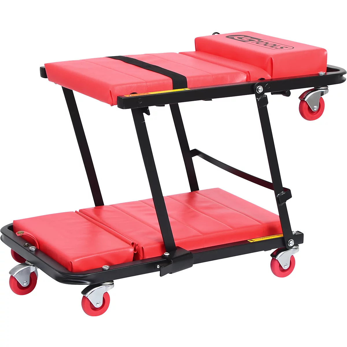 Chariot de mécanicien rouge sur roues. Cadre noir avec revêtement rouge. Logo KLS sur l'appui-tête.